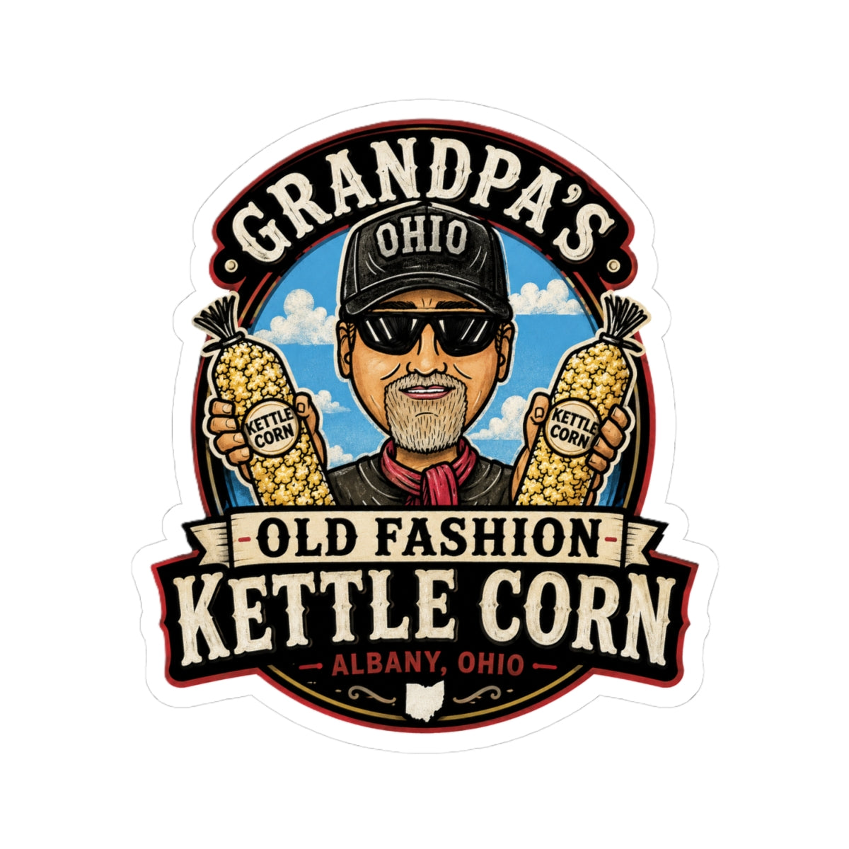 Grandpa's Old Fashion Kettle Corn Sticker — Albany, Ohio Retro Snack Decal